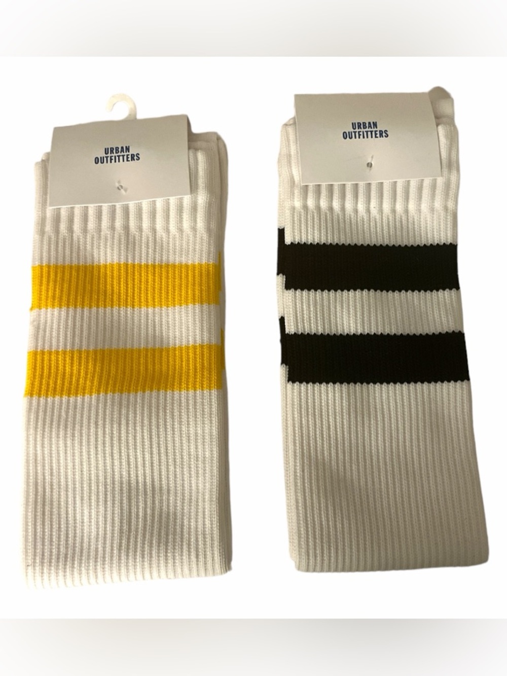 Urban Outfitters Ribbed Crew Socks - White with Yellow & Black Stripes